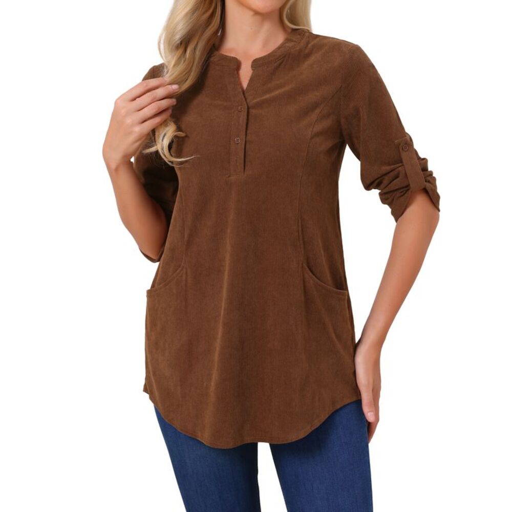 Women's Corduroy Top V Neck Roll Up Sleeve Casual Loose Fit Blouses Brown